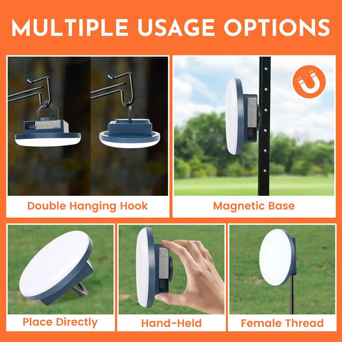 Lit 12000mAh Camping Lights 2 Pack With 42W Rechargeable Tent Lanterns showing multiple usage options including hooks and magnetic base.