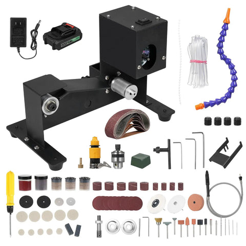Domary Mini Belt Sander 250W Wet Dry Electric Grinder For Wood Metal Adjustable Angle Forward Reverse Rotation With 10 Sanding Belts Set B US Plug One Battery Portable Bench Tool arrangement with multiple sanding belts and tools.