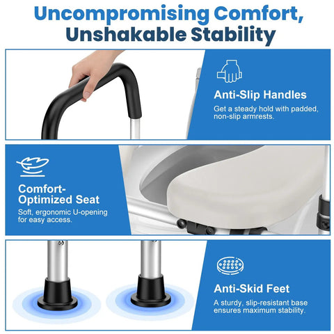 Premium Raised Toilet Seat Featuring Secure Grip Handles For Seniors And Pre And Post Surgery Recovery Built Tough With Anti Slip Base No Hassle Setup Supports Four Hundred Pounds FSA HSA Approved Bath Gear