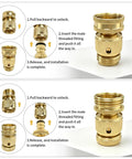 Premium Brass Garden Hose Quick Connectors 3/4 Inch GHT Repair Kit showing threaded brass coupler install steps