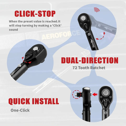 Beefy 3 In 1 Click Torque Wrench Set, showing click-stop, dual-direction 72-tooth ratchet, and quick install features.