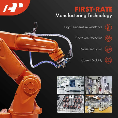 Industrial robotic arm in a factory setting with features like corrosion protection and noise reduction highlighted