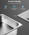 Close-up of 8 Pack Hotel Pans With Lids, stainless steel, 6-inch deep, showcasing high and low temperature resistance.