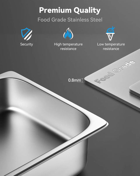 Close-up of 8 Pack Hotel Pans With Lids, stainless steel, 6-inch deep, showcasing high and low temperature resistance.