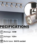 Six Pack Track Lighting Heads in Brushed Nickel with GU10 Sockets, 50W 120V spotlight details and specifications
