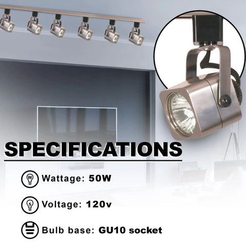 Six Pack Track Lighting Heads in Brushed Nickel with GU10 Sockets, 50W 120V spotlight details and specifications
