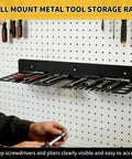 Wall Mount Screwdriver And Tool Organizer With Cleaning Towel, Heavy Duty Metal Holder for various tools on a garage wall.
