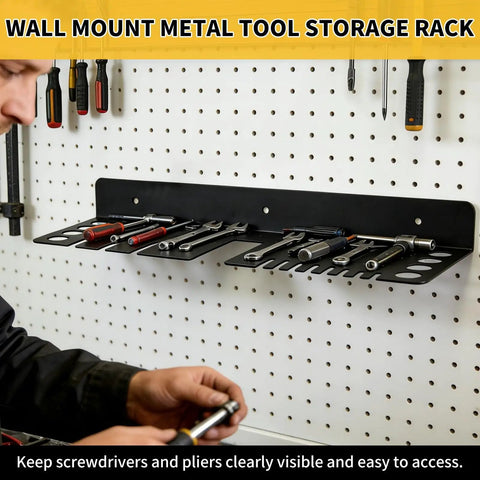 Wall Mount Screwdriver And Tool Organizer With Cleaning Towel, Heavy Duty Metal Holder for various tools on a garage wall.