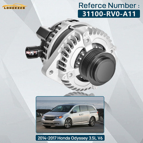 Front view of Beefed Up 12V 130A High Output Alternator for 2014-2017 Honda Odyssey 3.5L V6 with 6 groove pulley, reference OE 31100-RV0-A11