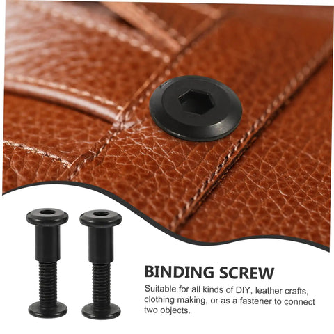 Badass Stainless Steel Chicago Binding Screws M6 X 25 Millimeter With Secure Cap Nuts on leather surface for craft projects.