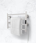 Heavy Duty Wall Mounted Towel Warmer With Built In Timer And LED Indicators, 1 To 8 Hour Modes, Chrome Stainless Steel With Four Round Bars