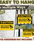 Caution Keep Clear Of Moving Parts 8 By 12 Inch Aluminum Sign hanging options for workshop and factory use.