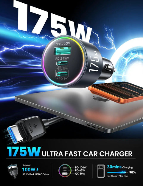 GaN 175W 3 Port Car Charger With USB C PD And QC Fast Charge 100W PD Laptop Port 45W PD Phone Port 30W USB A Adapter