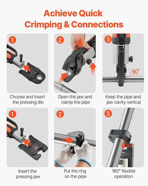 VEVOR 7 Piece VMP Pressing Kit With 3540 Actuator And Jaws For 1/2 To 2 Inch Carbon Steel Piping demonstrating usage steps.
