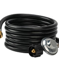 Coiled Universal QCC1 Low Pressure Propane Regulator With 12 Foot Hose, showing three eighth inch female flare nut.