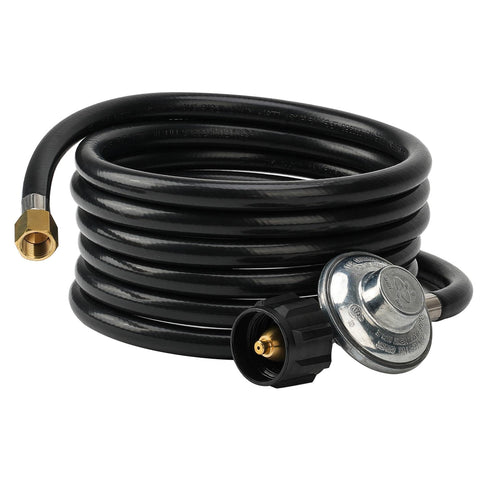 Coiled Universal QCC1 Low Pressure Propane Regulator With 12 Foot Hose, showing three eighth inch female flare nut.