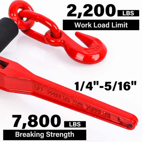 Red G80 chain and binder with 2,200 lbs WLL, 1/4 to 5/16 inch size, highlighting strength and durability.