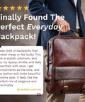 Person holding Genuine Burgundy Leather Laptop Backpack For Work And Travel On The Go, 15.6 Inch Pro Grade Office Bag, in front of body.