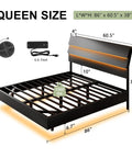Queen Size Floating Bed Frame With Ambient Led Lights And Fast Charge Port, Modern Wood Sleep Base With Hidden Storage Headboard, Heavy Duty Metal Slats, Straight Up Skip The Box Spring, Toss Together In Minutes, Matte Black with dimensions.