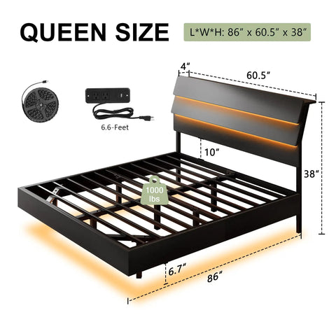 Queen Size Floating Bed Frame With Ambient Led Lights And Fast Charge Port, Modern Wood Sleep Base With Hidden Storage Headboard, Heavy Duty Metal Slats, Straight Up Skip The Box Spring, Toss Together In Minutes, Matte Black with dimensions.