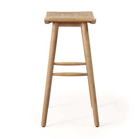 Magwen Outdoor Acacia Wood Barstool With Wicker Set Of Two Rustic Patio Seating For Deck Or Garden Light Brown Front View