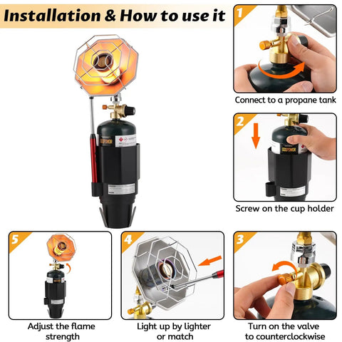Instructional image showing steps to install Portable Golf Cart Heater With Cup Holder And Control Valve, 6200 BTU Outdoor Propane Heater.