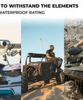 Boat, ATV, and dirt bike demonstrating Beefy 600W RMS Two Channel Marine Amplifier With 1200W Peak Bridgeable Micro Class D IPX67 Waterproof use
