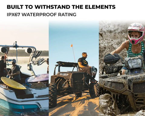 Boat, ATV, and dirt bike demonstrating Beefy 600W RMS Two Channel Marine Amplifier With 1200W Peak Bridgeable Micro Class D IPX67 Waterproof use