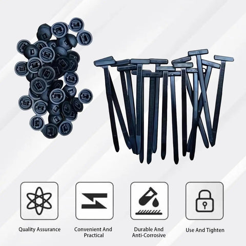 Universal Nylon Cable Tie Buckles For Cars And Home, shown in black, displayed in packs alongside icons highlighting features.