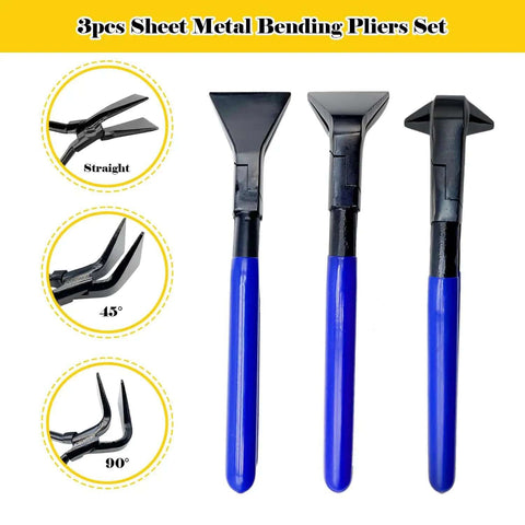 Must Have 3 Piece Hand Seamers Set For Sheet Metal Bending Including Straight Jaw, 45 Degree, And 90 Degree Pliers shown