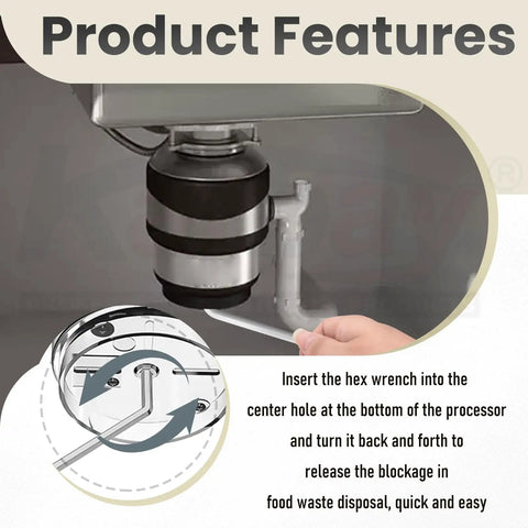 Universal Garbage Disposal Unjamming Wrench WRN00 for Waste King Moen and SinkErator shown in use under kitchen sink