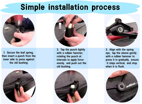 Step-by-step installation of 16 Piece Trailer Leaf Spring Bushing Kit with Heavy Duty Nylon Shackle Bushings for double eye springs.