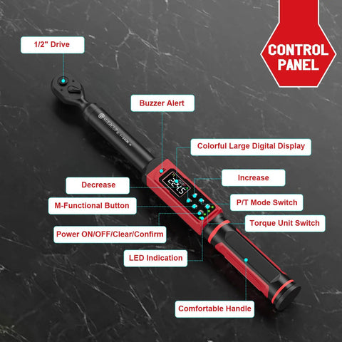 One Half Inch Drive Digital Torque Wrench With Range 5.1 To 340 Nm And 3.8 To 250.8 Ft Lb, showing control panel features.
