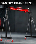 1.5 Ton Portable Gantry Crane With Adjustable Height From 8.53 To 12.47 Feet And A 6.56 Foot Span, Steel I Beam Construction, Red, Shown In Warehouse
