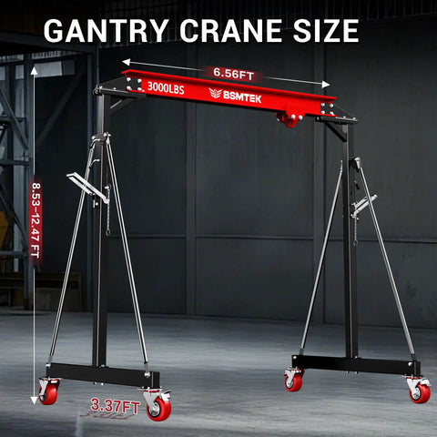 1.5 Ton Portable Gantry Crane With Adjustable Height From 8.53 To 12.47 Feet And A 6.56 Foot Span, Steel I Beam Construction, Red, Shown In Warehouse