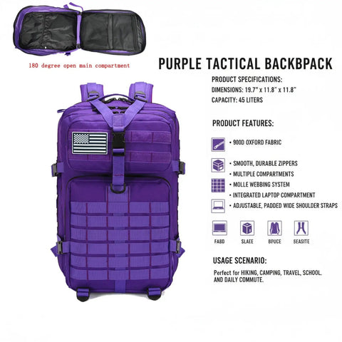 45L Military Tactical Backpack For Men And Women With Molle Daypack Bug Out Bag For Hiking And Trekking 180 Degree Open Unisex Rucksack 17 Inch Laptop Sleeve Ideal For Travel And Outdoor Adventures, purple color