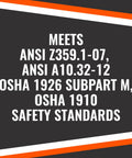 18 Inch D Ring Extender With Snap Hook For Fall Protection And Roofing OSHA ANSI Compliant Lanyard Attachment Extender text showing compliance with safety standards.