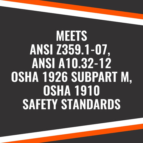 18 Inch D Ring Extender With Snap Hook For Fall Protection And Roofing OSHA ANSI Compliant Lanyard Attachment Extender text showing compliance with safety standards.