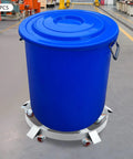 Heavy Duty Drum Dolly Built Tough With Q235 Steel Five Wheels 1250 Lb Load Capacity Secure Load Design To Stop Sagging And Tipping The Ultimate Workshop Workhorse For Fast, Safe Drum Handling. blue 55-gallon drum on steel dolly with five wheels, shown in workshop