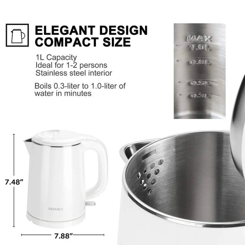 Stainless Steel Double Wall Electric Kettle 1.0L Cordless Tea And Coffee Kettle With Auto Shut Off And Boil Dry Protection No Plastic