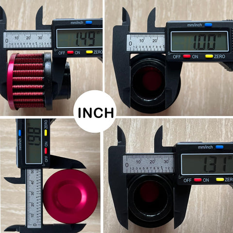 Digital calipers measuring 25mm Universal Air Intake Filter For 1 Inch Intake Cold Air Filter Auto Breathe Vent Crankcase Cleaner With Adjustable Clamp On Breather Fits Car And Motorcycle Red in multiple angles
