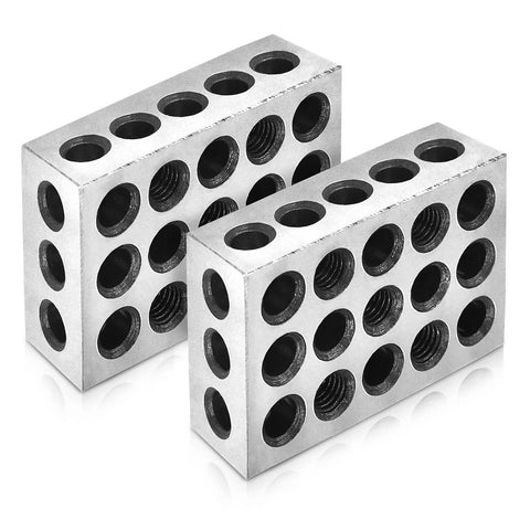 Two silver LABLT parallel blocks, 1 x 2 x 3 in, steel with 23 holes for milling