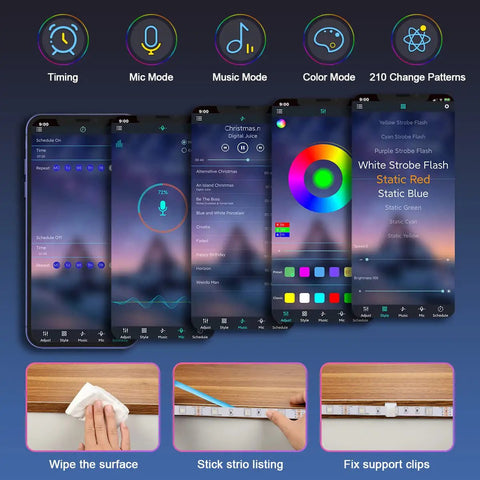 RGB Under Cabinet Lighting Kit With App Control And Remote, showing app interface and installation steps for LED strips.