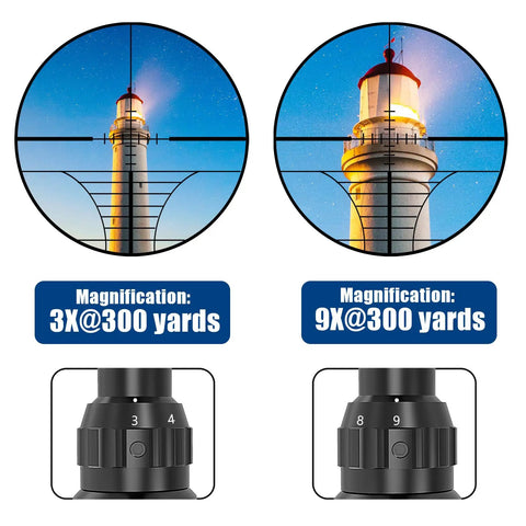 3-9x40 Rifle Scope With Red Green Illuminated Rangefinder Reticle magnification views of lighthouse at 300 yards