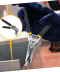 Manual Metal Bender Tool with Straight Jaw Hand Seamer for Duct Crimping in use, showcasing heat treated steel construction and anti-slip jaws.