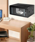 Rock Solid 4U Wall Mount Server Cabinet With Clear Glass Door Network Rack Enclosure displaying a router and networking gear.