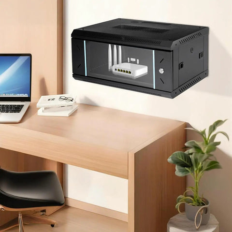 Rock Solid 4U Wall Mount Server Cabinet With Clear Glass Door Network Rack Enclosure displaying a router and networking gear.
