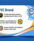 Micro Lined Paper Vacuum Bags Style C For Electrolux And Aerus Canister Vacuums 100 Pack Fits Old And New Models Easy Fit High Filtration Premium Dust Reduction For Clean Air Home Use graphic showing DVC brand details, quality seals and USA manufacturing emphasis.