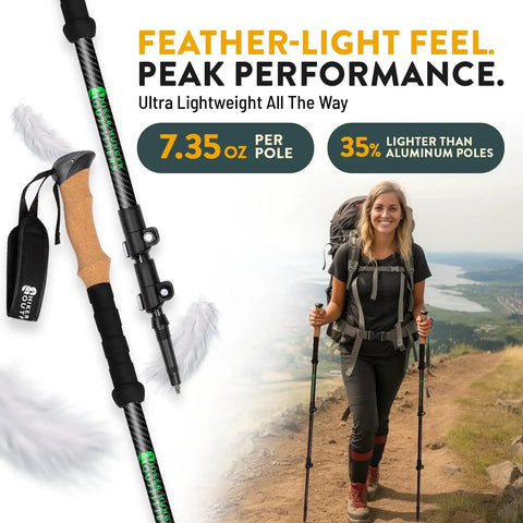 100 Percent Carbon Fiber Trekking Poles For Serious Hikes Lightweight Trail Ready Collapsible Hiking Poles with woman on trail
