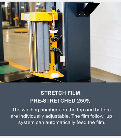 Detail of the automatic stretch film pallet wrapper heavy duty workhorse with pre-stretched film feeding system.